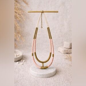🧡2X strand necklace w/pink shell heishi beads & antique gold-tone spun spacers🩷